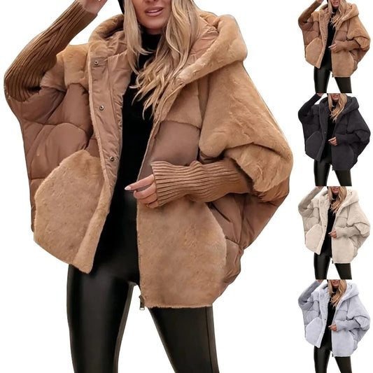 Abrigo con capucha de patchwork de piel sintética Loom & Soul™ – Chaqueta de invierno de algodón holgada para mujer, para una comodidad y calidez elegantes