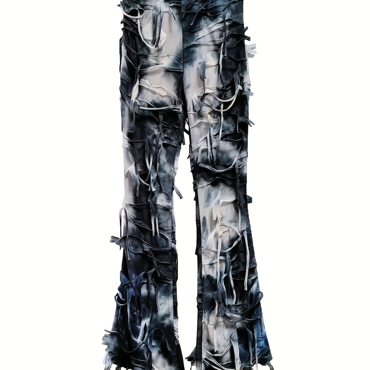 Tie-Dye Mesh Flare Pants – High-Waisted Fringe Detail Semi-Sheer Trousers