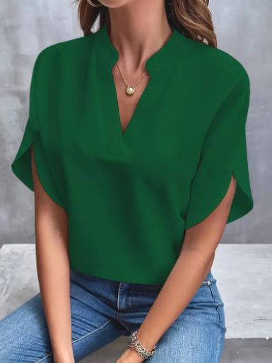Loom & Soul™ V-Neck Chiffon Blouse – Women’s Elegant Short-Sleeve Summer Top