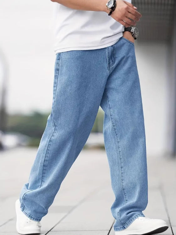 Men’s Loose Straight Denim Jeans – Casual Cotton Mid Waist Pants
