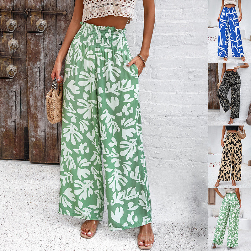 Loom & Soul™ Pantalon imprimé élégant – Pantalon femme taille haute, coupe droite et ample pour l'été et la plage