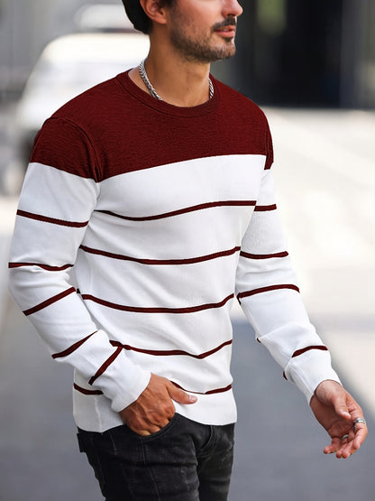 Men’s Navy Striped Knit Sweater – Casual Crew Neck Pullover