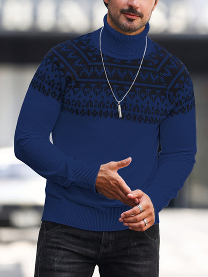 Men’s Geometric Turtleneck Sweater – Casual Knit Pullover for Fall & Winter