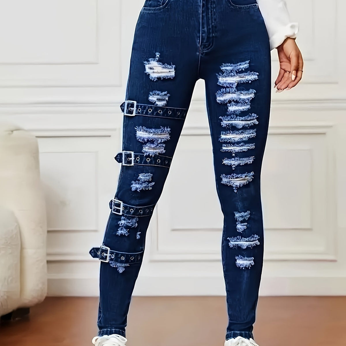 Jean skinny déchiré – Denim bleu foncé très extensible