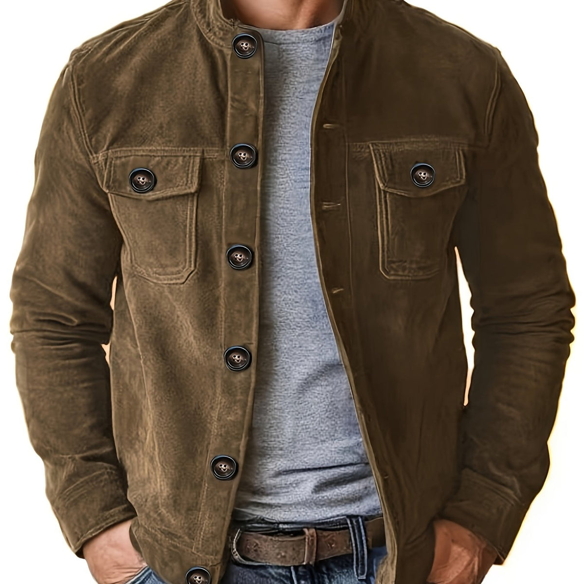 Veste en faux daim pour homme – Manteau décontracté à col montant boutonné