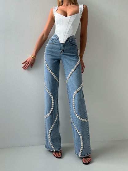 Loom & Soul™ Rhinestone Straight-Leg Jeans – Women’s High-Style Street Denim Pants