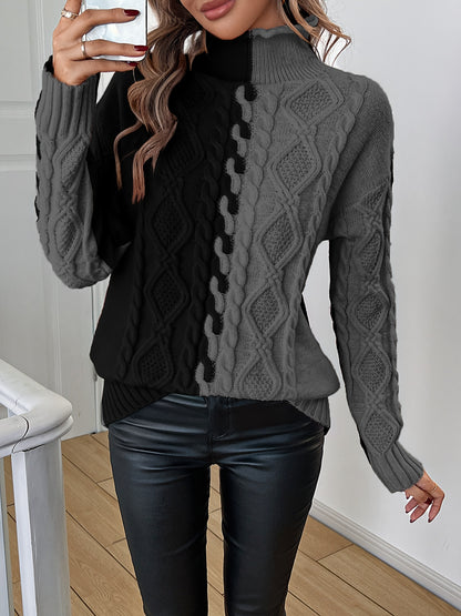 Elegant High-Neck Striped Blouse – Color-Block Knit Long Sleeve Top