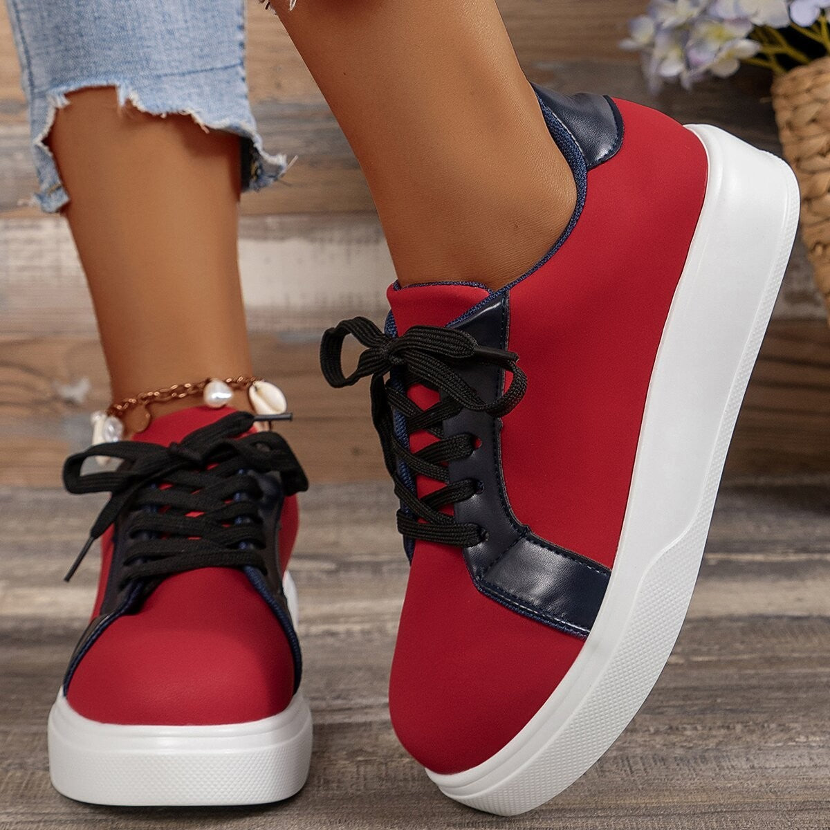 Loom & Soul™ Baskets rétro à lacets – Chaussures de marche en PU pour femmes avec talon compensé confortable de 3 à 5 cm et semelle en caoutchouc