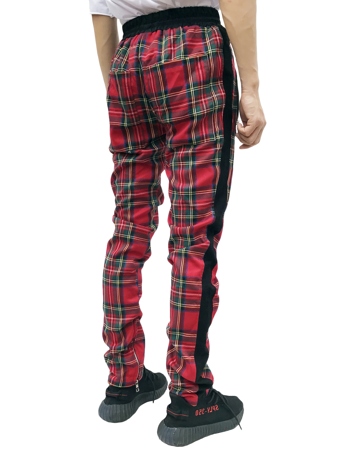 Men’s Red & Black Plaid Joggers – 3D Knit Streetwear Trousers