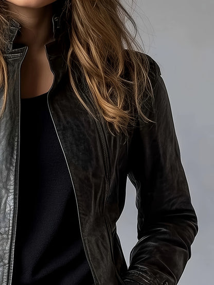 Blouson moto en cuir PU pour femme – Veste zippée style rétro à col montant