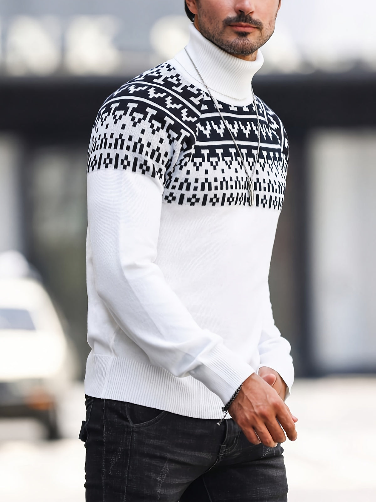 Men’s Geometric Turtleneck Sweater – Casual Knit Pullover for Fall & Winter