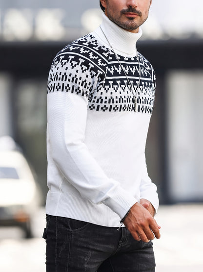 Men’s Geometric Turtleneck Sweater – Casual Knit Pullover for Fall & Winter