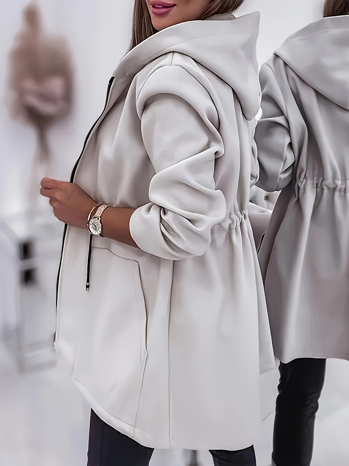 Women’s Solid Hooded Jacket – Machine-Washable Polyester Fall/Winter Coat