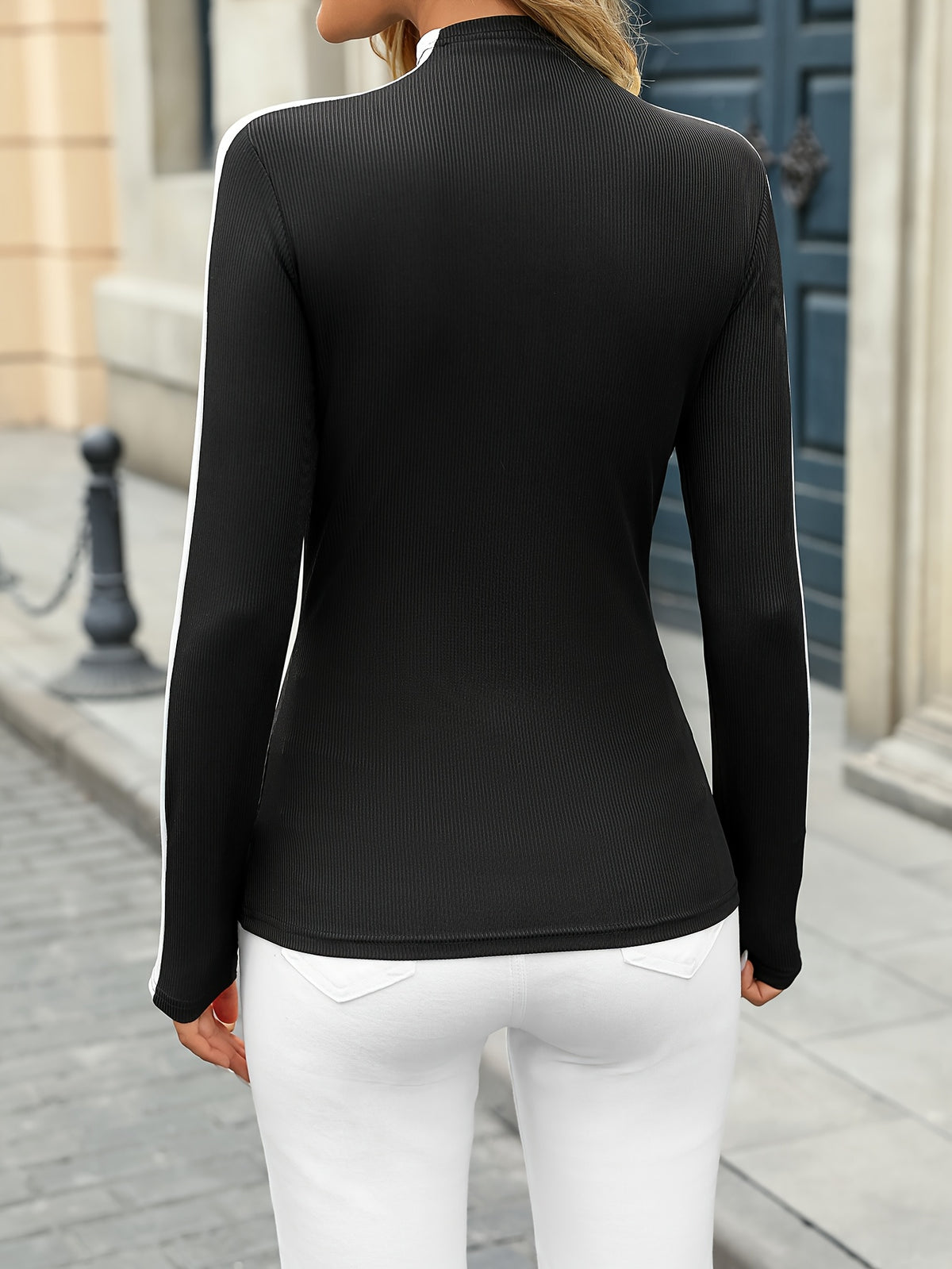 Women’s Slim Fit Patchwork High Neck Top – Elegant All-Season Knit