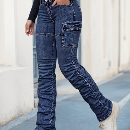 Women’s High Waist Cargo Jeans – Relaxed Blue Denim Straight-Leg Pants
