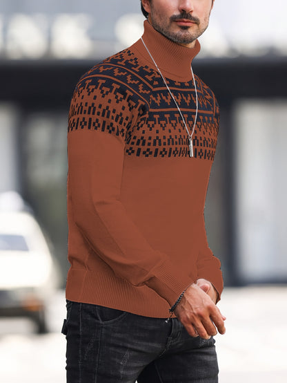 Men’s Geometric Turtleneck Sweater – Casual Knit Pullover for Fall & Winter
