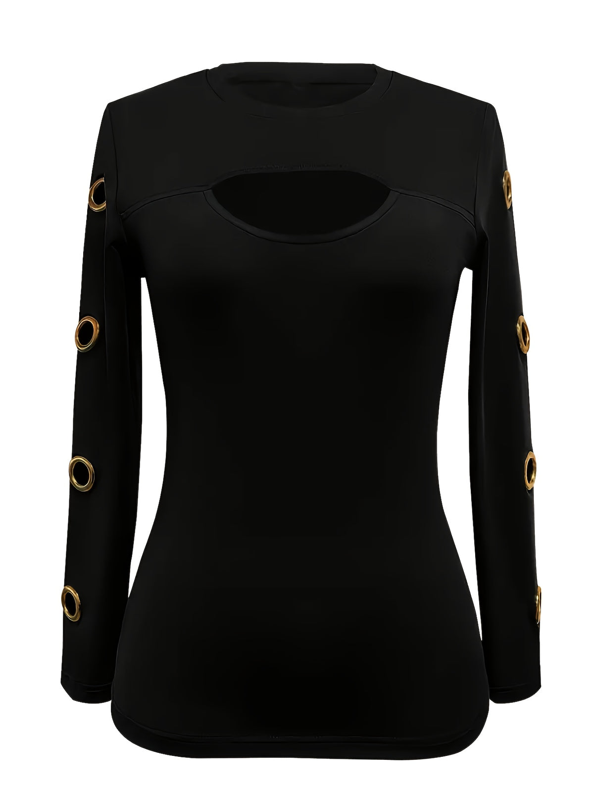 Haut noir élégant à manches longues – T-shirt col rond boutonné doré