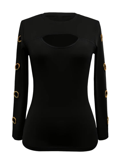 Haut noir élégant à manches longues – T-shirt col rond boutonné doré