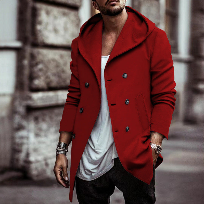 Men’s Hooded Double-Breasted Trench Coat – Mid-Length Loose Fit