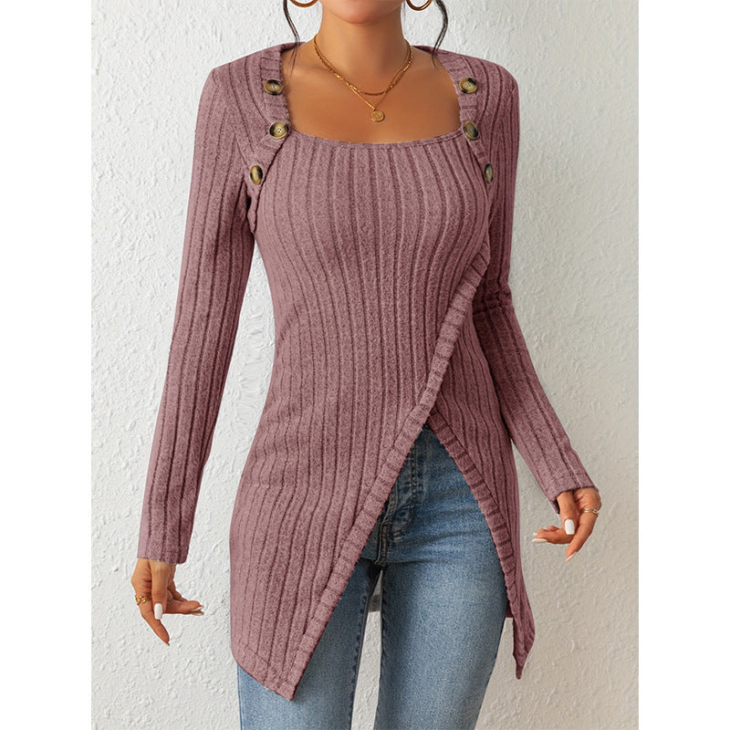 Pull fendu à col carré et épaules dénudées pour femme – Haut en maille élégant