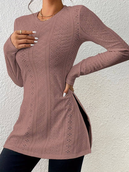 Elegant Long Sleeve Split Hem Top – Crew Neck Eyelet T-Shirt