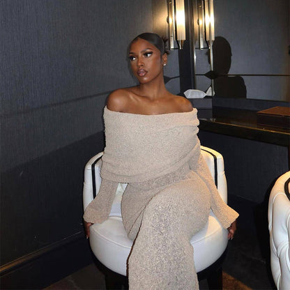 Robe longue en maille à une épaule – Robe de plage élégante à manches longues