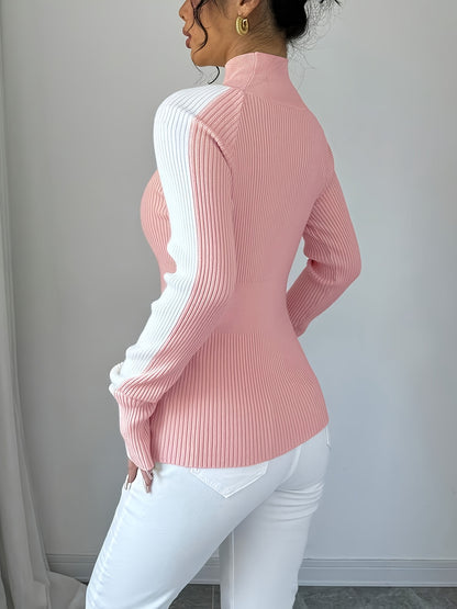 Women’s Color Block Turtleneck Sweater – Elegant Soft Knit Top