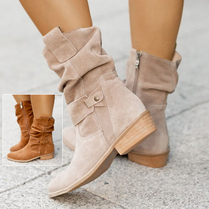Bottes mi-mollet à bout pointu Loom & Soul pour femme – Bottes western en daim tendance avec fermeture éclair et talon carré