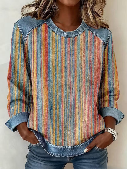 Sweat-shirt en jean patchwork pour femme – Pull ras-du-cou à motif floral
