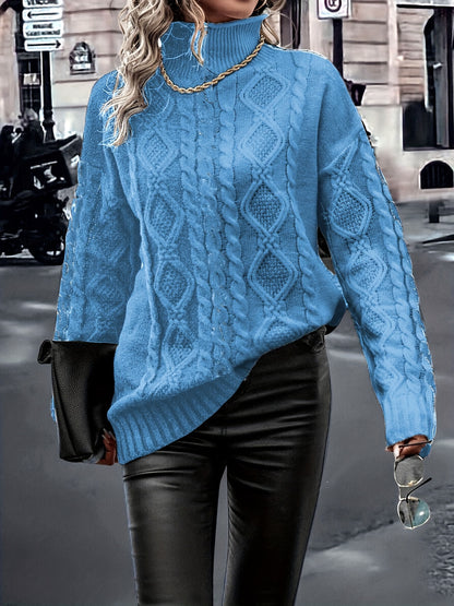 Elegant High-Neck Striped Blouse – Color-Block Knit Long Sleeve Top