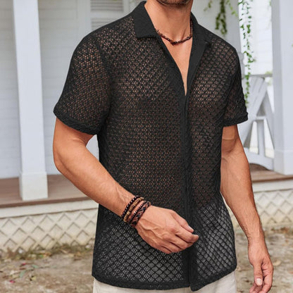Loom & Soul™ Camisa de malla de manga corta de verano – Top de playa ligero con solapa para hombre