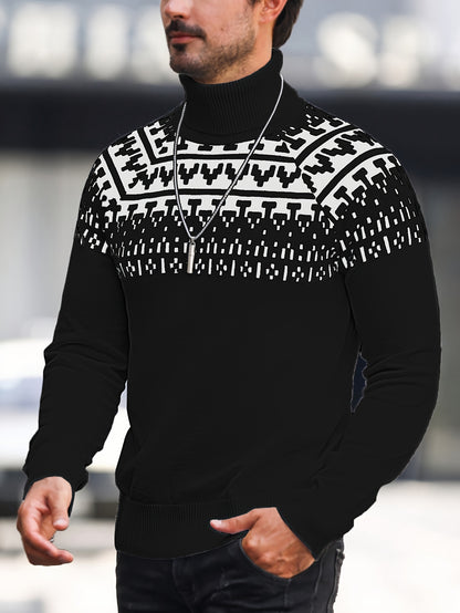 Men’s Geometric Turtleneck Sweater – Casual Knit Pullover for Fall & Winter