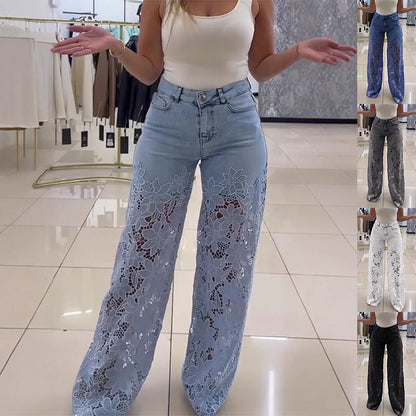 Jean évidé en dentelle Loom & Soul™ Y2K – Pantalon taille haute pour femme avec détails découpés floraux