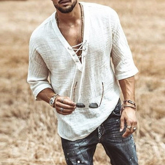 Men’s Lace-Up Crew Neck T-Shirt – Mid Sleeve Casual Cotton Top
