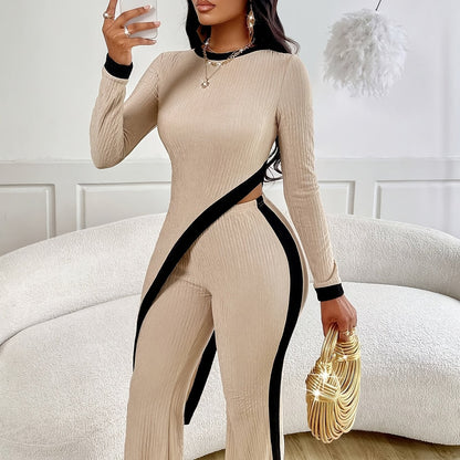 Ensemble Combinaison Élégante Asymétrique pour Femme – Haut Col Rond et Pantalon Évasé