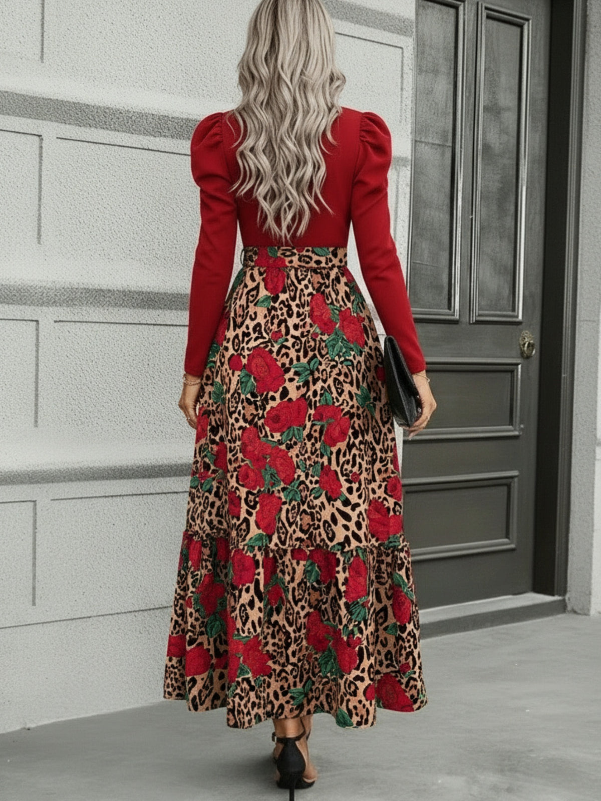 Leopard Print Patchwork Tie-Waist Dress – Elegant Long Sleeve Fitted Dress