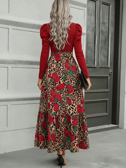 Leopard Print Patchwork Tie-Waist Dress – Elegant Long Sleeve Fitted Dress