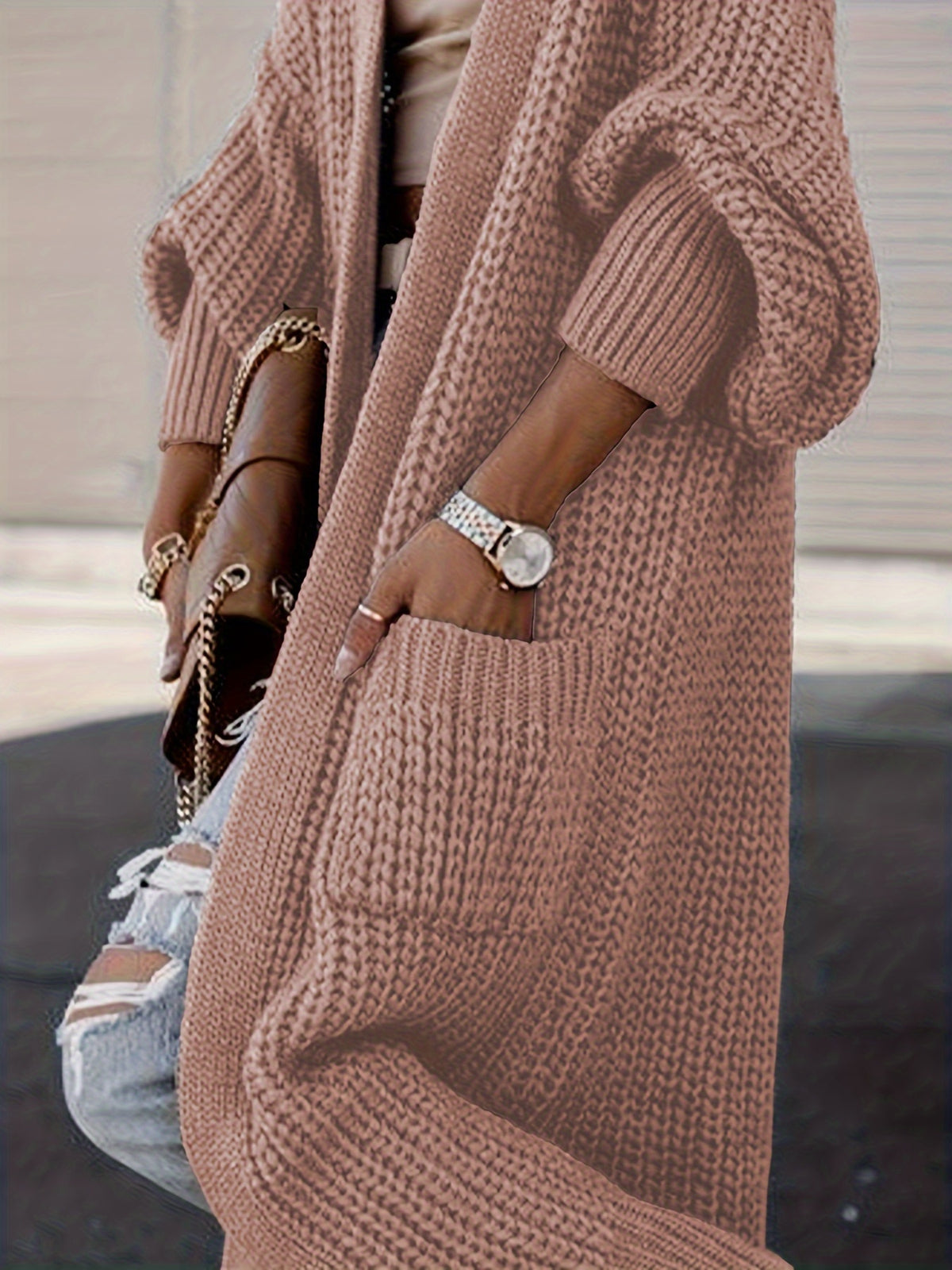 Elegant Deep V-Neck Ribbed Cardigan – Women’s Fall/Winter Knit Sweater