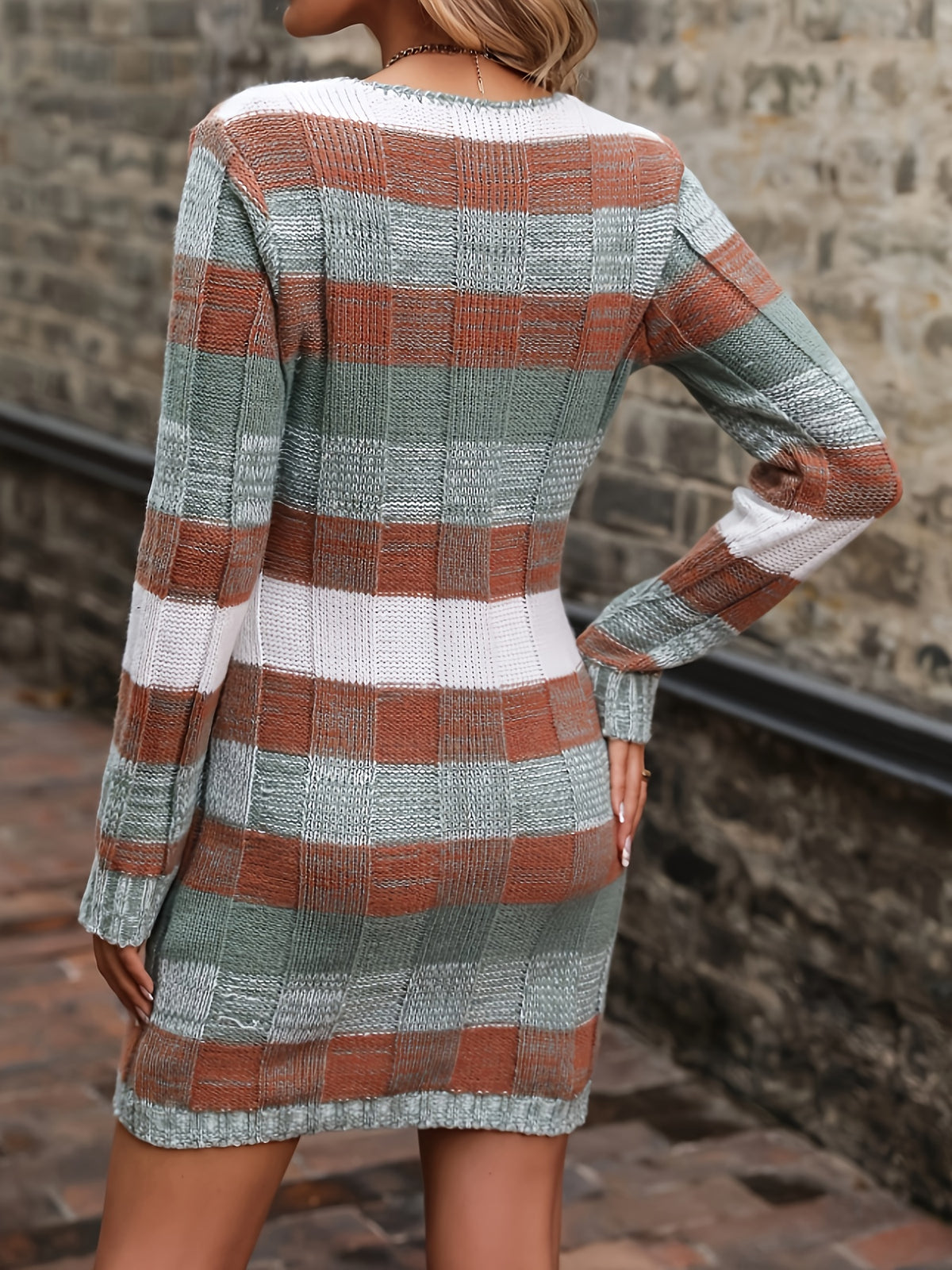 Robe pull color block pour femme – Col en V ample, tenue d'automne en maille
