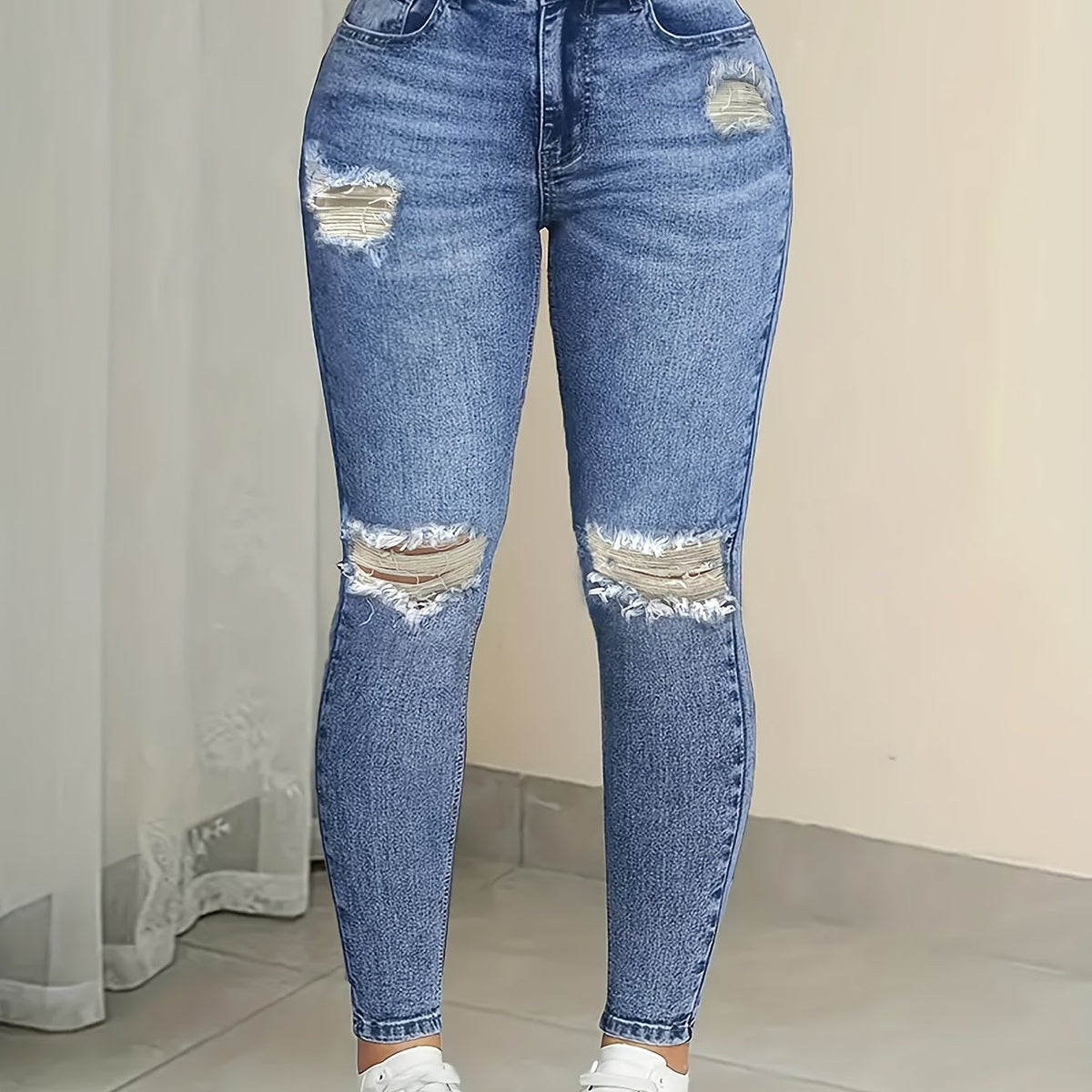 Pantalones ajustados de mezclilla elástica rasgados de cintura alta para mujer