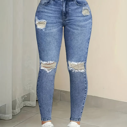 Pantalones ajustados de mezclilla elástica rasgados de cintura alta para mujer