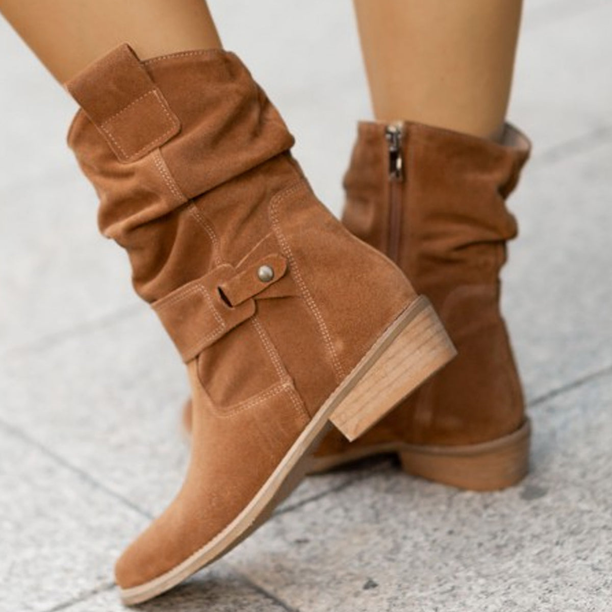 Bottes mi-mollet à bout pointu Loom & Soul pour femme – Bottes western en daim tendance avec fermeture éclair et talon carré