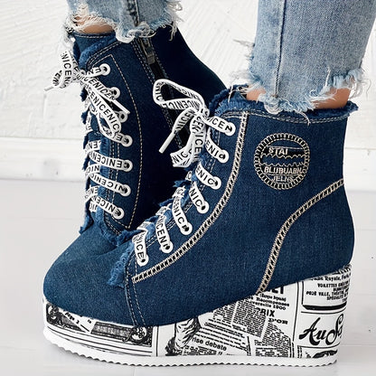 Bottines à talons épais scintillantes pour femmes – Bottines à lacets avec cœur en dentelle