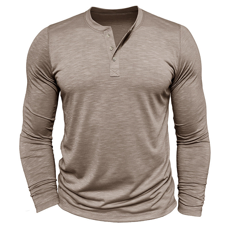 Camisa Henley de manga larga para hombre - Pulóver informal de algodón Slub