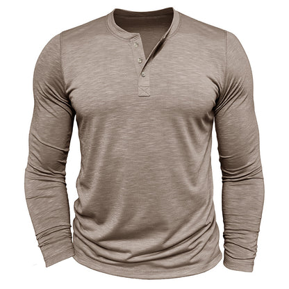Camisa Henley de manga larga para hombre - Pulóver informal de algodón Slub
