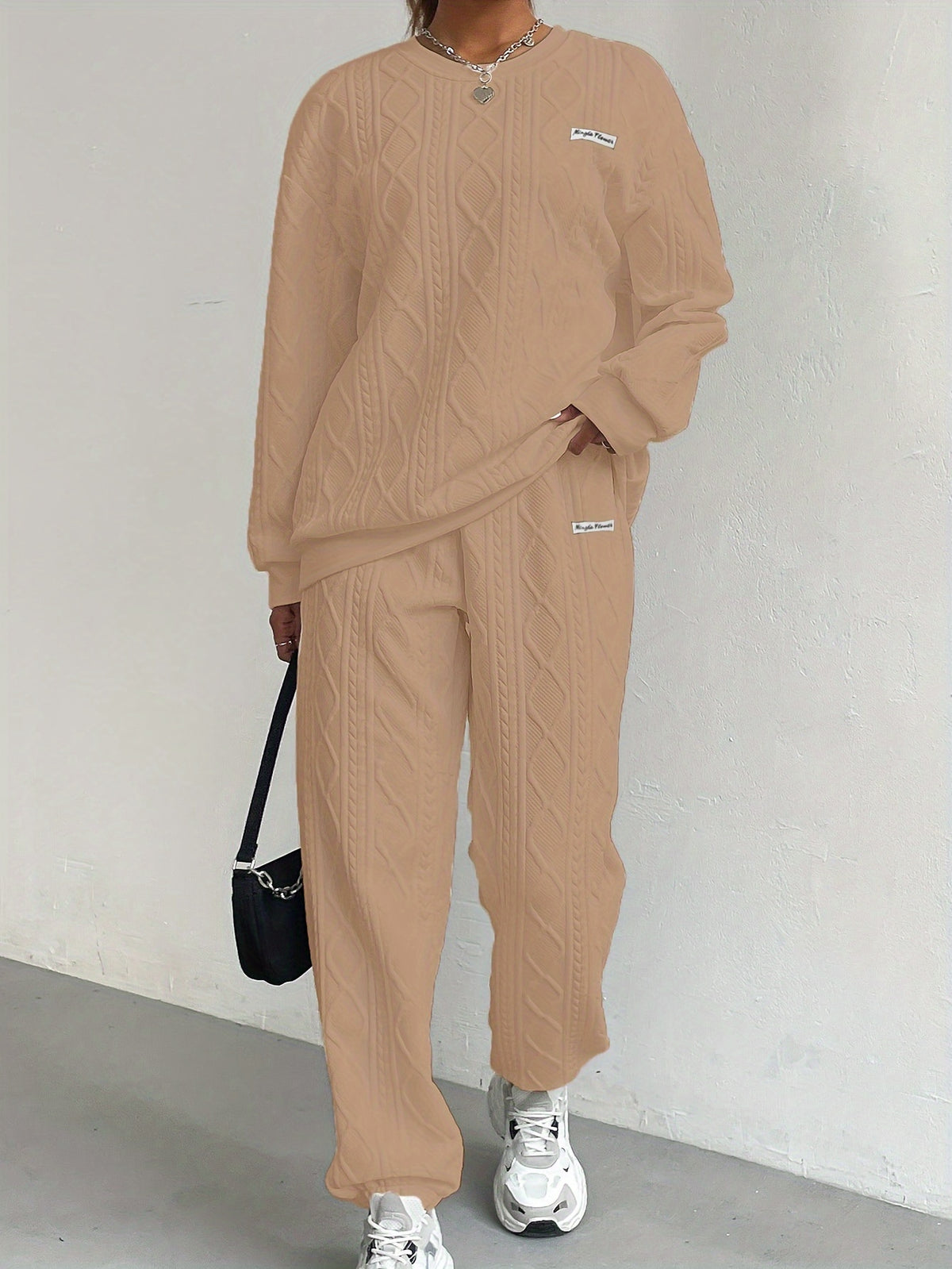 Conjunto de Sudadera Texturizada Beige – Top y Pantalones de Manga Larga para Mujer