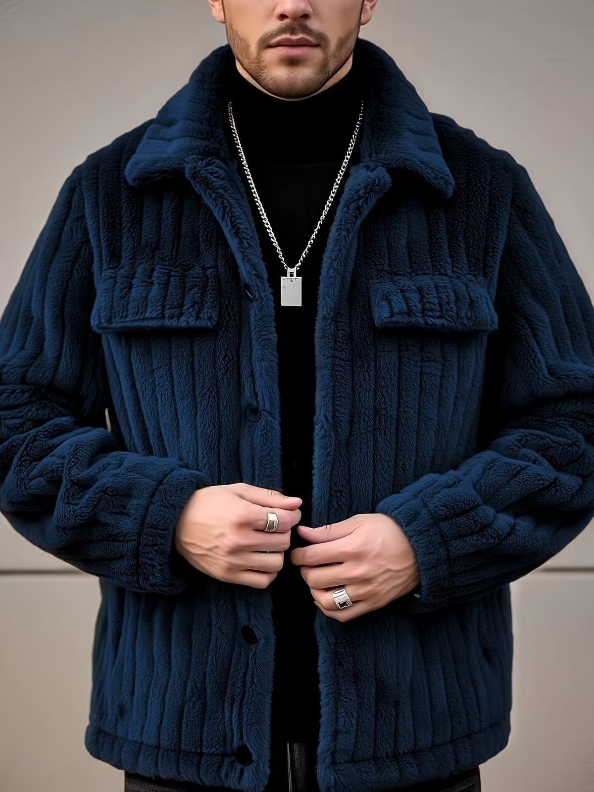 Men’s Flannel Button Jacket – Winter Casual Lapel Coat