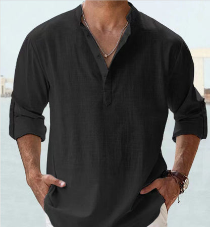 Men’s Stand Collar Sports Shirt – Loose Fit Breathable Cotton Pullover
