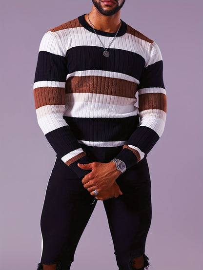 Men’s Striped Ribbed Knit Sweater – Color-Block Fall Winter Pullover