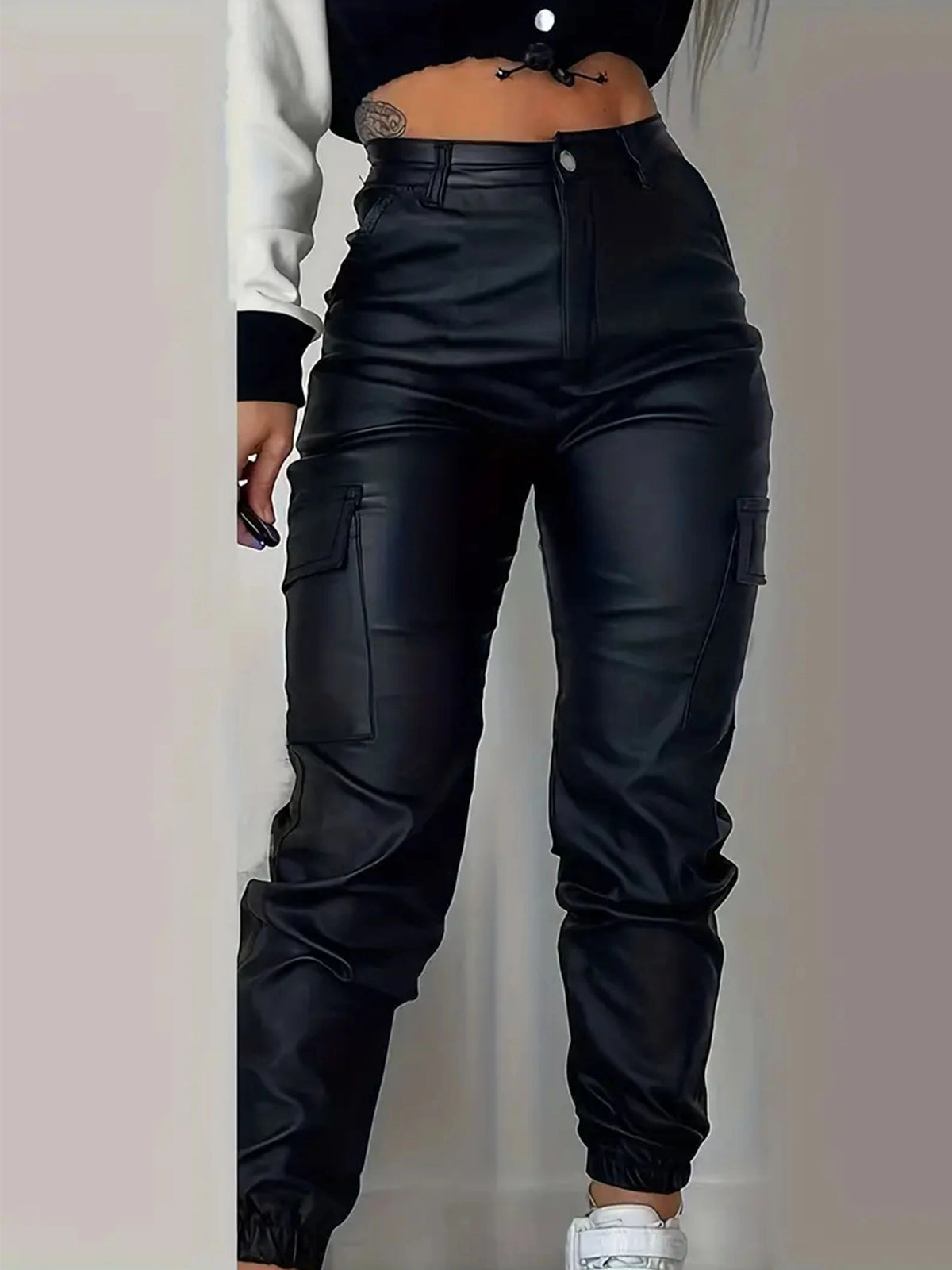 Jean Cargo Taille Haute Extensible Femme – Jean Noir Brillant